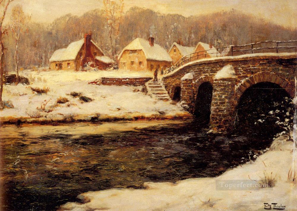 A Stone Bridge Over A Stream In Water Norwegian Frits Thaulow Oil Paintings